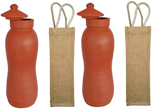 Odishabazaar Pack 2 Kézzel gyártott Agyag Terrakotta/Igazi Mitti Mázatlan Víz Üveg + Juta Zsák 1000ml Egészségügyi Ellátások